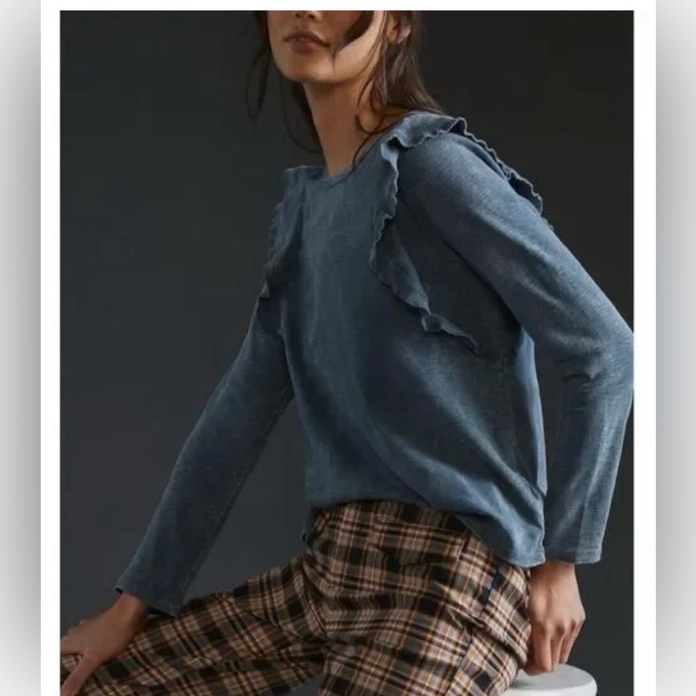 Eri + Ali Anthropologie Washed Ruffle Long Sleeve Top in Dark Turquoise SIZE M